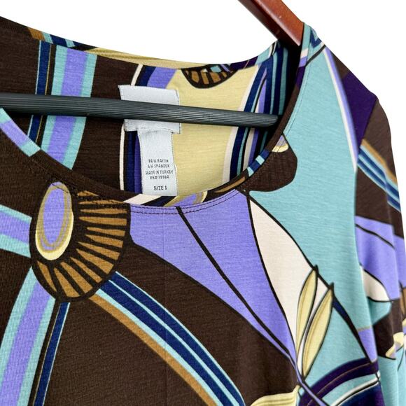 Chicos Sz MEDIUM 1 Stretchy Black Purple 3/4 Sleeve Blouse Shirt Top Abstract - Picture 4 of 7